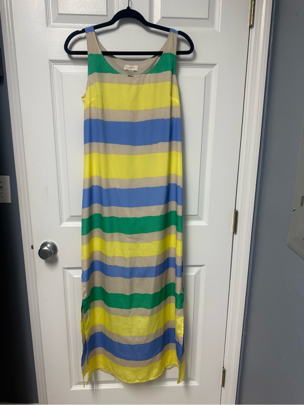 LOFT Striped Sleeveless Maxi Dress in Yellow, Blue, Green, Tan
